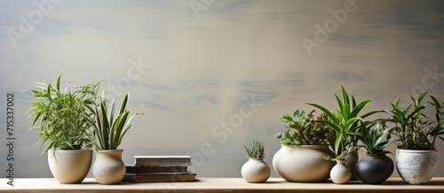 stylish ceramic vase with a flower on a shelf near a gray wall, hard sunlight,