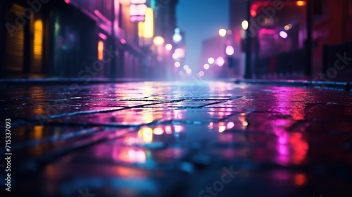 Multi-Colored Neon Lights on Dark City Street. Reflection of Neon Light in Puddles. Foggy Bokeh 