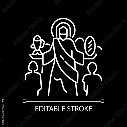 Feeding of five thousands white linear icon for dark theme. Jesus Christ feeds multitude. Miracle of Jesus. Biblical scene. Isolated vector illustration. Simple filled line drawing. Editable stroke