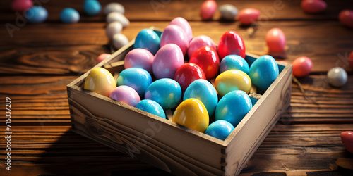 Colorful easter eggs in a basket, Easter multicolored eggs in a homemade wooden box, Easter eggs in wooden bowl. 