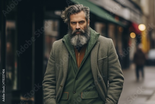 Handsome bearded man with long gray beard and mustache in a green coat in the city