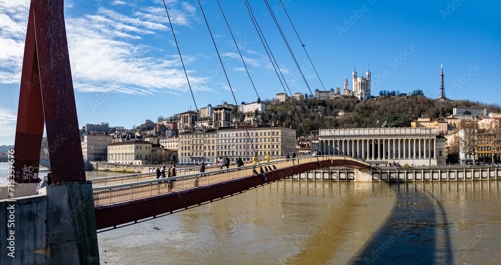 Aerial view at Passerelle du Palais-de-Justice on a sunny day in Lyon