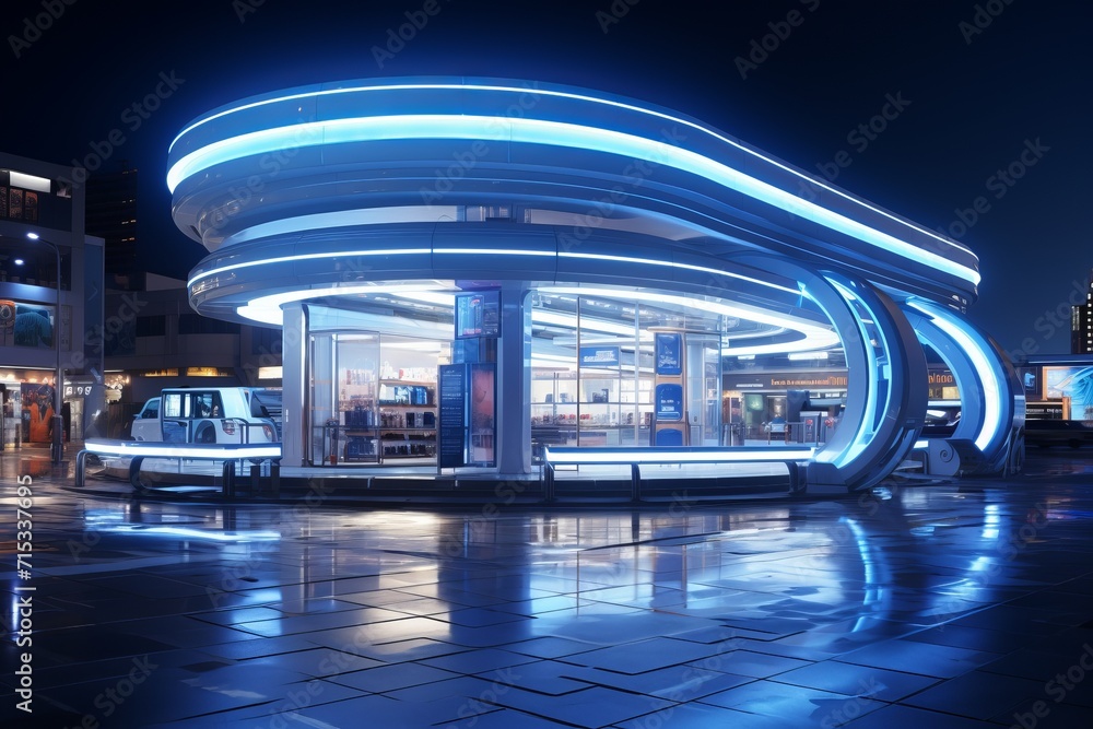 Futuristic Skyline Mall, on an isolated Electric Blue background, Generative AI