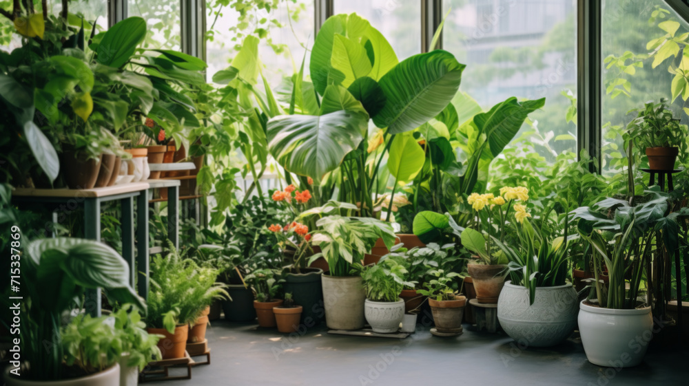 Patio area surrounded by various colourful potted plants. Container gardening ides.