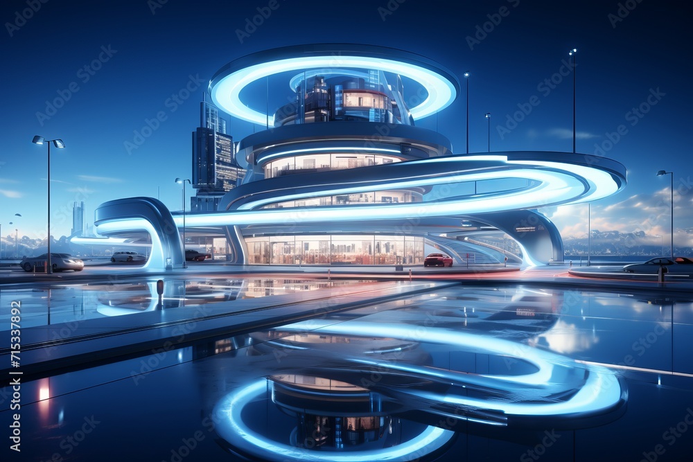 Obraz premium Futuristic Skyline Mall, on an isolated Electric Blue background, Generative AI