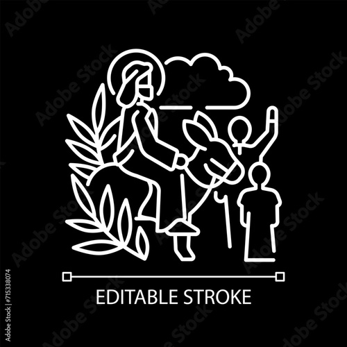 Triumphal entry into Jerusalem white linear icon for dark theme. Palm Sunday. Start of holy week. Jesus Christ riding donkey. Isolated vector illustration. Simple filled line drawing. Editable stroke