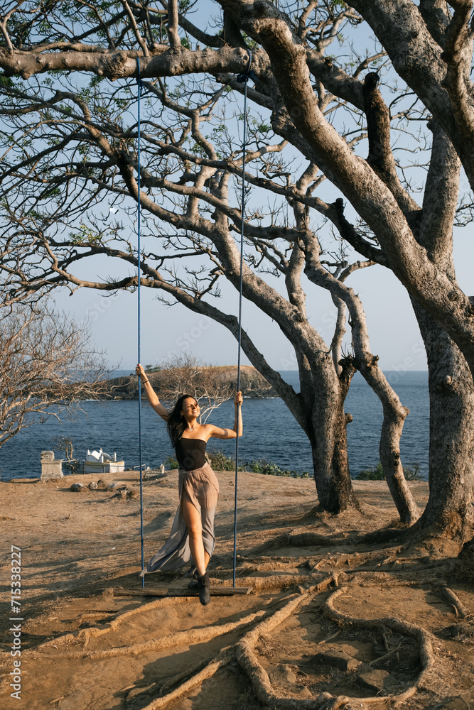 A beautiful young brunette, in a stylish dress, sits on a swing suspended on a tree, against the backdrop of the ocean. A beautiful young brunette, in a stylish dress, sits on a swing suspended on a tree, against the backdrop of the ocean.