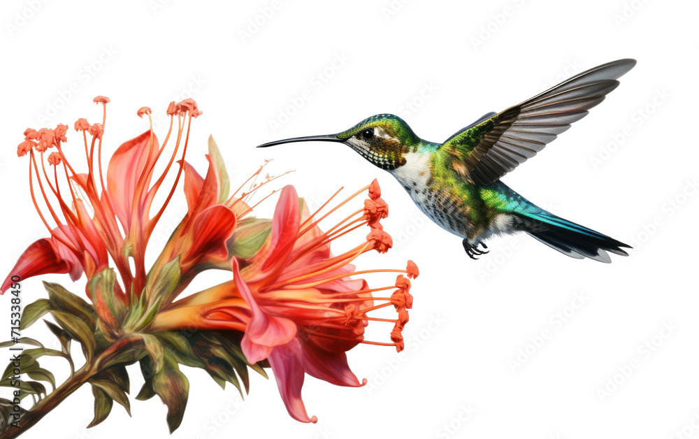 Obraz premium Balletic Movements of a Hummingbird Amidst Nectar Laden Flowers on a White or Clear Surface PNG Transparent Background.