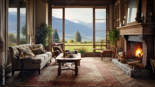 The interior of a large living room with a large window with mountains behind it © Александр Лобач