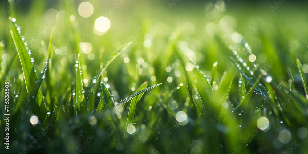 Lush Green Grass With Glistening Dew Drops, water droplets on green grass.