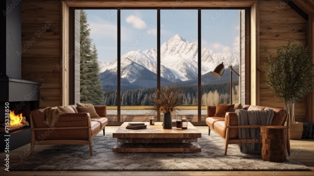 The interior of a large living room with a large window with mountains behind it