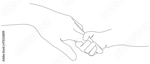 One continuous line drawing of baby kid hand holding mom dad parents hands. son daughter grab mommy daddy hand. family doodle outline art line vector illustration