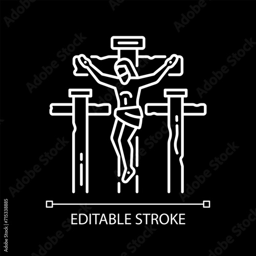 Crucifixion of Jesus white linear icon for dark theme. Jesus Christ dying on cross. Good friday. Christian religion. Isolated vector illustration. Simple filled line drawing. Editable stroke