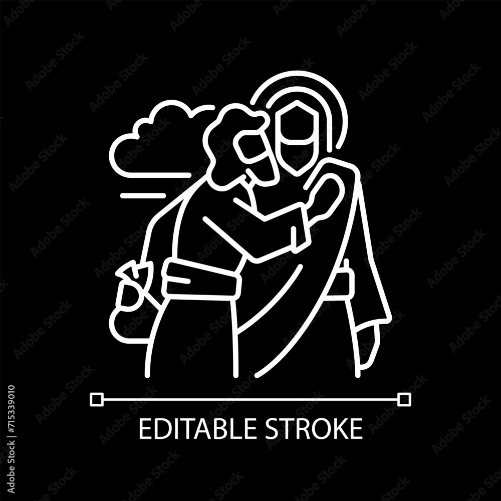 Kiss of Judas white linear icon for dark theme. Jesus Christ betrayed by Judas Iscariot. Treacherous disciple. Biblical scene. Isolated vector illustration. Simple filled line drawing. Editable stroke Kiss of Judas white linear icon for dark theme. Jesus Christ betrayed by Judas Iscariot. Treacherous disciple. Biblical scene. Isolated vector illustration. Simple filled line drawing. Editable stroke