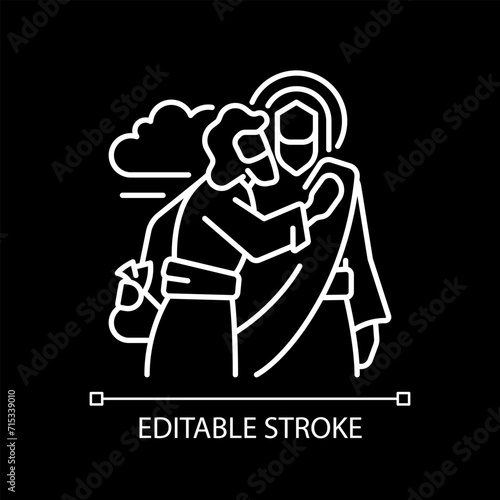 Kiss of Judas white linear icon for dark theme. Jesus Christ betrayed by Judas Iscariot. Treacherous disciple. Biblical scene. Isolated vector illustration. Simple filled line drawing. Editable stroke