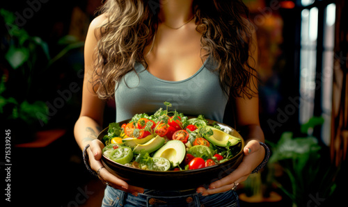 Vegetable salad bowl with avocado, egg in woman hands. Girl holds in hands vegan breakfast meal in bowl. Healthy eating concept.