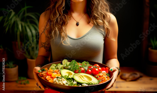 Vegetable salad bowl with avocado, egg in woman hands. Girl holds in hands vegan breakfast meal in bowl. Healthy eating concept.