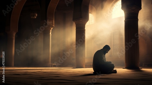Silhouette of Muslim man worshiping and praying for fasting and Islamic Eid culture in old mosque with lighting and smoke background  copy space - generative ai