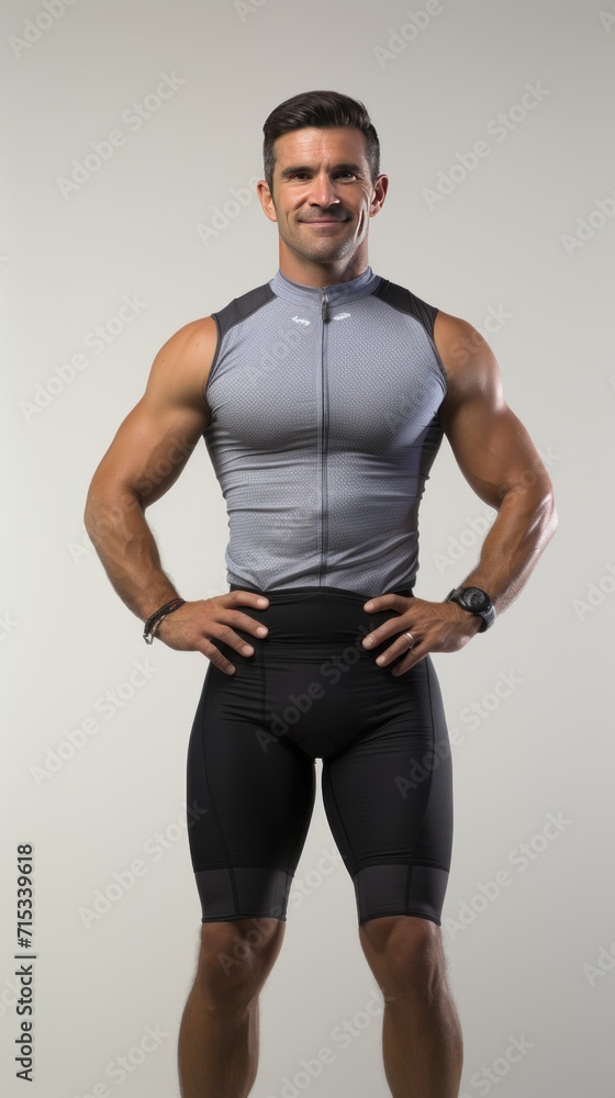 One cyclist standing smiling, looking at the camera, full body, white background. One cyclist standing smiling, looking at the camera, full body, white background.