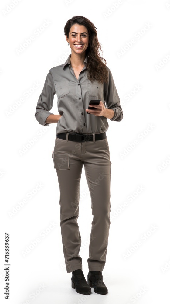 1 female architect holding a cell phone, smiling, looking at the camera, full body, white background 1 female architect holding a cell phone, smiling, looking at the camera, full body, white background