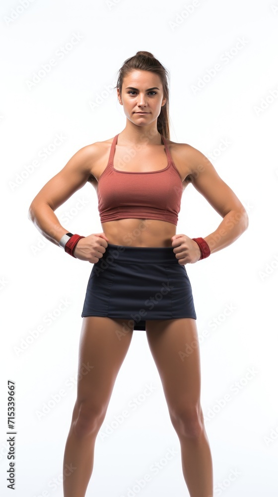 1 female boxer standing smiling, looking at the camera, full body, white background 1 female boxer standing smiling, looking at the camera, full body, white background