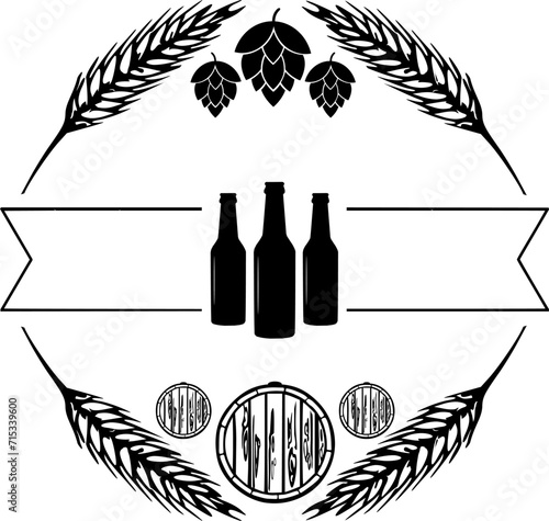 Vektor Silhouette - Vintage Bier Label - Banner mit Bierflaschen, Fass und Hopfen - Template für Text