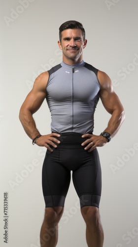 One cyclist standing smiling, looking at the camera, full body, white background. © suteeda