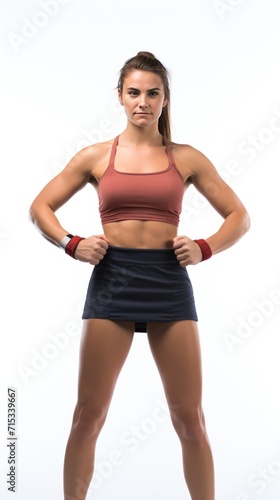 1 female boxer standing smiling, looking at the camera, full body, white background