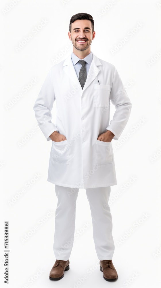 1 male pharmacist standing smiling looking at the camera, full body, white background 1 male pharmacist standing smiling looking at the camera, full body, white background