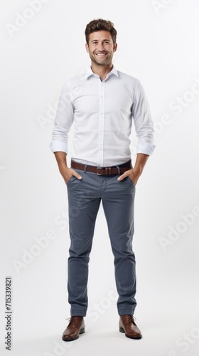 1 male architect standing smiling looking at camera, full body, white background
