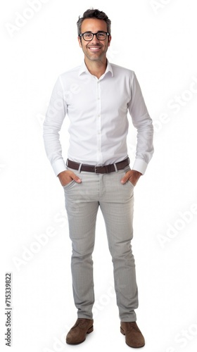 1 male architect standing smiling looking at camera, full body, white background