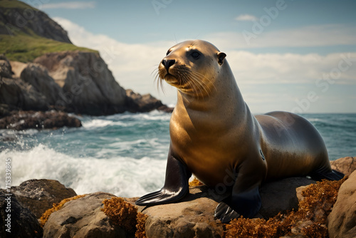A close up of a sea lion with a beautiful background photo