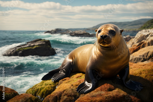 A close up of a sea lion with a beautiful background