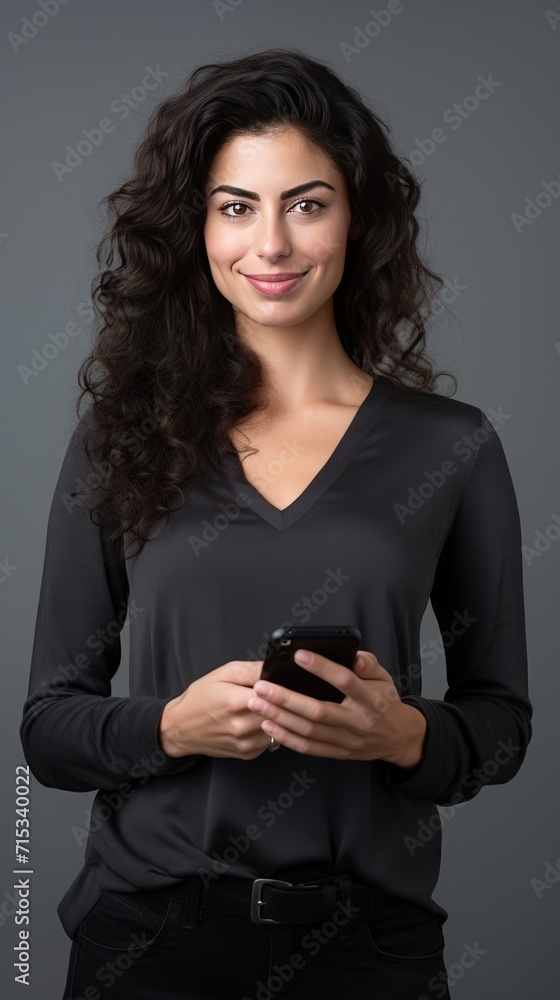 One woman stands using a phone looking at the camera. Full body. Isolated on a white background. One woman stands using a phone looking at the camera. Full body. Isolated on a white background.