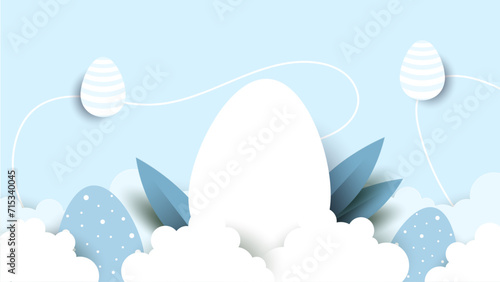 Blue and white vector gradient background for easter celebration with egg and flower. Vector paper style easter background