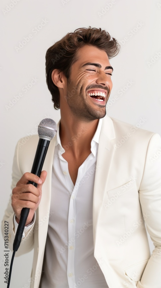 A handsome male singer sings happily and joyfully. white background A handsome male singer sings happily and joyfully. white background