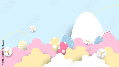Colorful colourful vector happy easter background. Greeting card  poster or background with bunny  flowers and easter egg. Egg hunt poster. Vector paper style easter background
