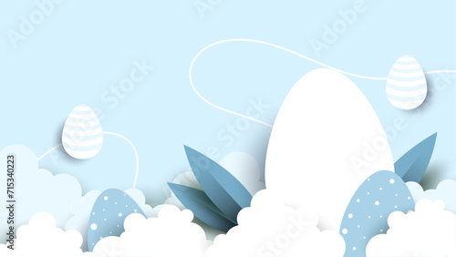 Blue and white simple vector easter background template with eggs and flower. Vector paper style easter background