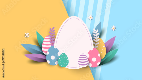 Colorful colourful vector gradient happy easter day background with egg and flower. Vector paper style easter background