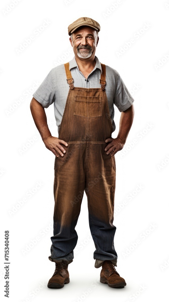 Male farmer standing smiling looking at camera, full body, white background Male farmer standing smiling looking at camera, full body, white background