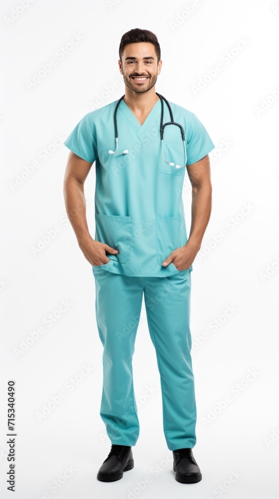 Male nurse standing smiling looking at camera, whole body, isolated on white background. Male nurse standing smiling looking at camera, whole body, isolated on white background.