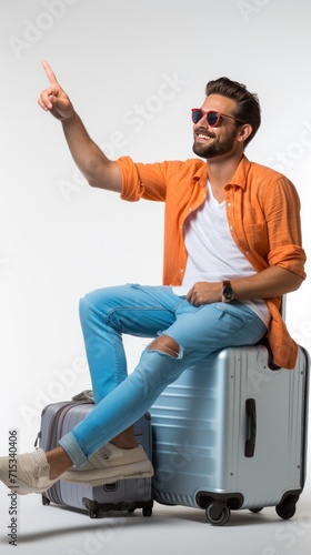 1 female and 1 male tourist sitting on suitcases and pointing their hands sideways on a white background.