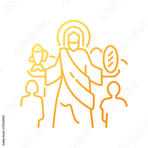 Feeding of five thousands gradient linear vector icon. Jesus Christ feeds multitude. Miracle of Jesus. Biblical scene. Thin line color symbol. Modern style pictogram. Vector isolated outline drawing