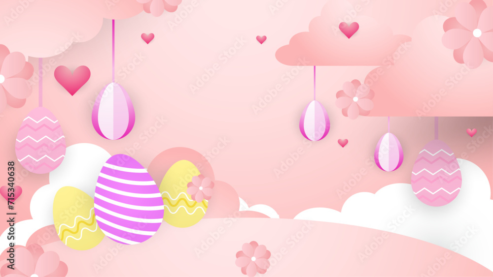 Colorful colourful vector happy easter background. Greeting card, poster or background with bunny, flowers and easter egg. Egg hunt poster. Vector paper style easter background