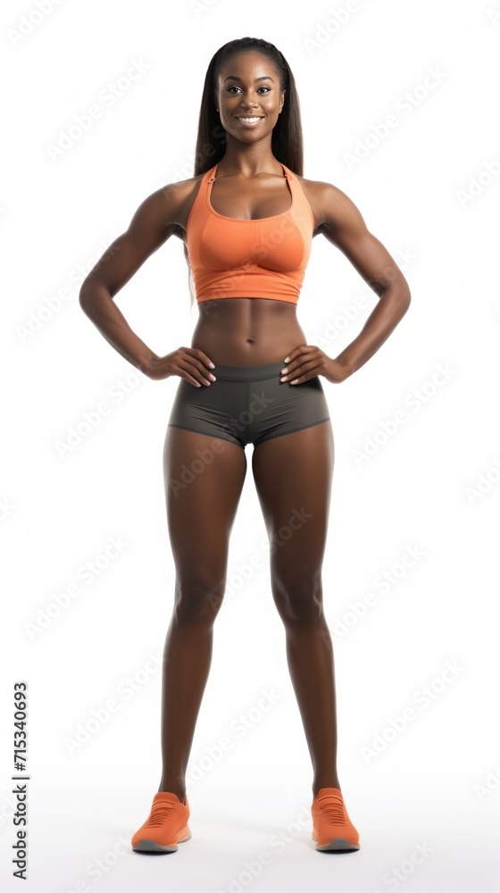 A female athlete stands smiling looking at the camera, full body, isolated on white background. A female athlete stands smiling looking at the camera, full body, isolated on white background.