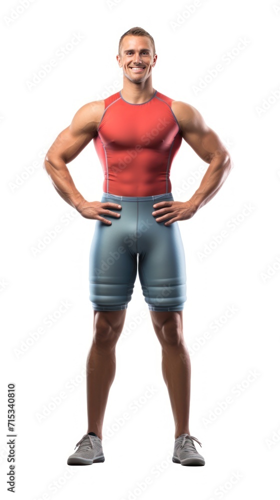 A male swimmer stands smiling looking at the camera, full body, isolated on white background. A male swimmer stands smiling looking at the camera, full body, isolated on white background.