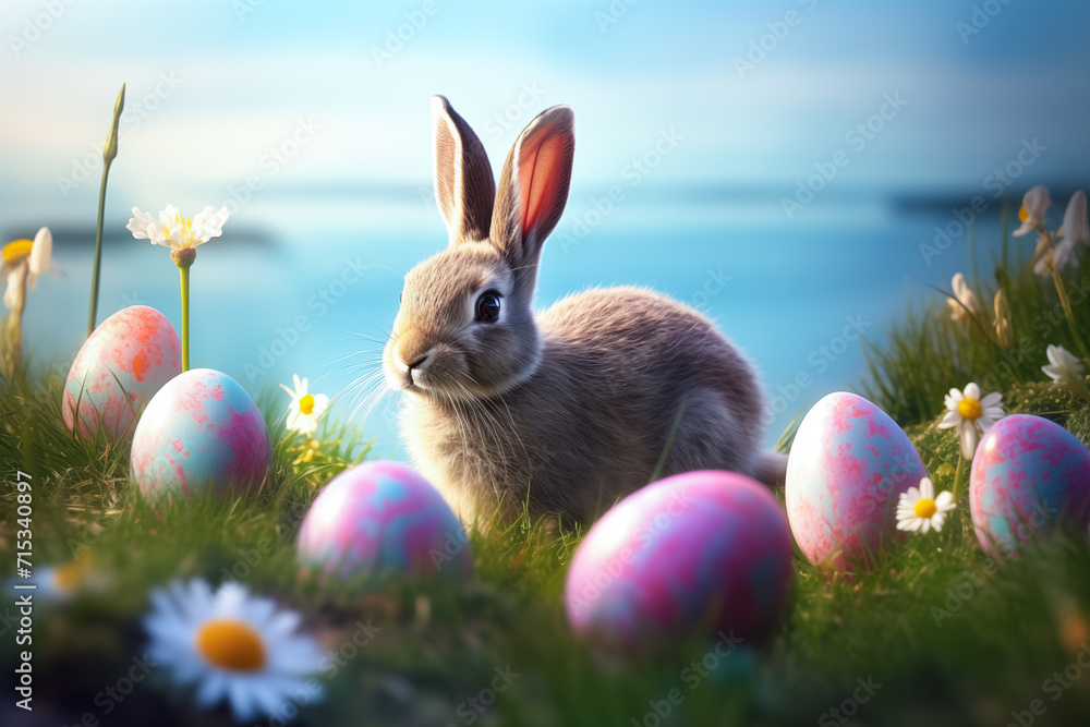 Cute Easter Bunny and Easter Eggs with green grasses and flower. Generative Ai. Cute Easter Bunny and Easter Eggs with green grasses and flower. Generative Ai.