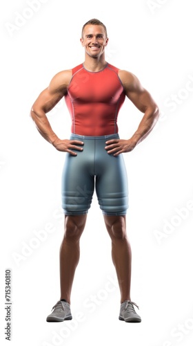 A male swimmer stands smiling looking at the camera, full body, isolated on white background.