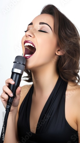 One sexy female singer sings happily and joyfully. white background