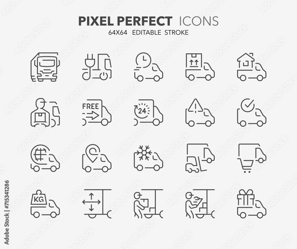 Line icons about trucks and road transport. Outline symbol collection. Editable vector stroke. 64x64 Pixel Perfect.